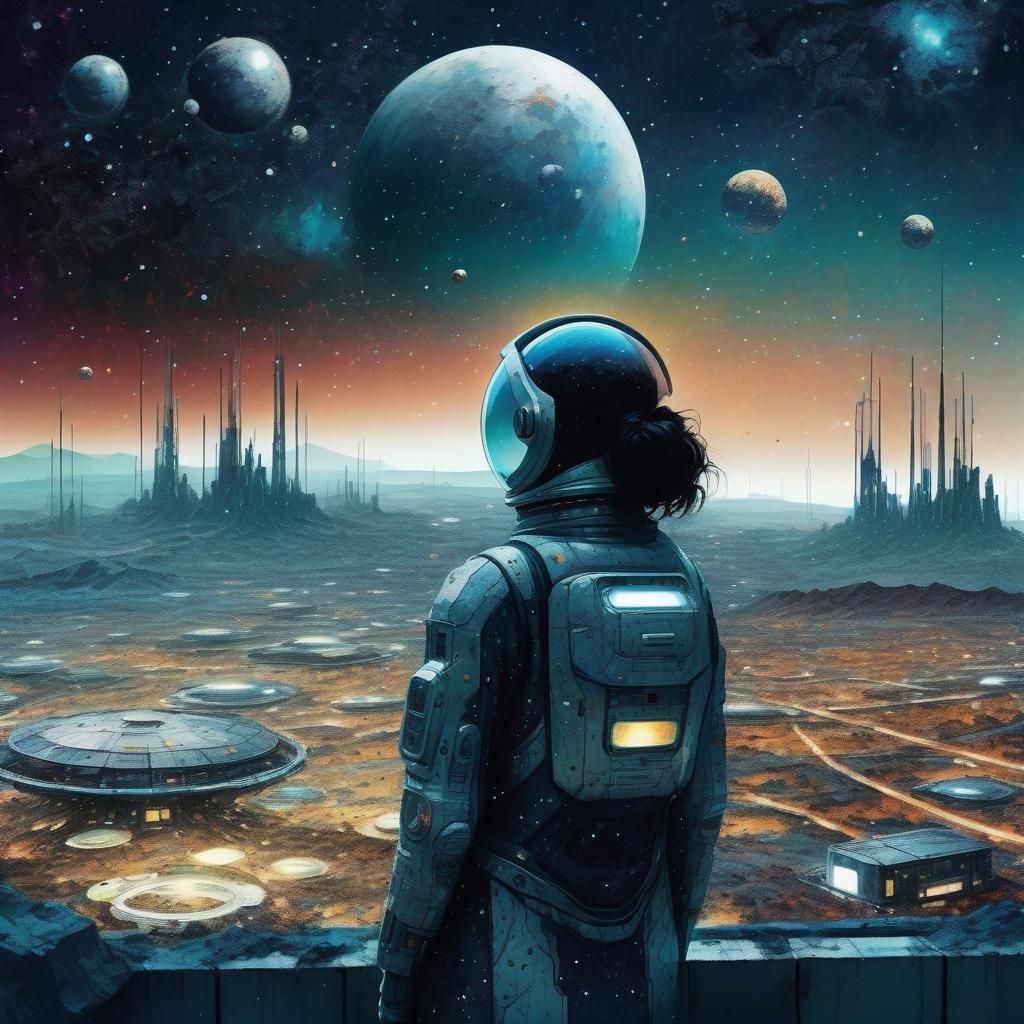 Android Gazing at Futuristic Space Colony