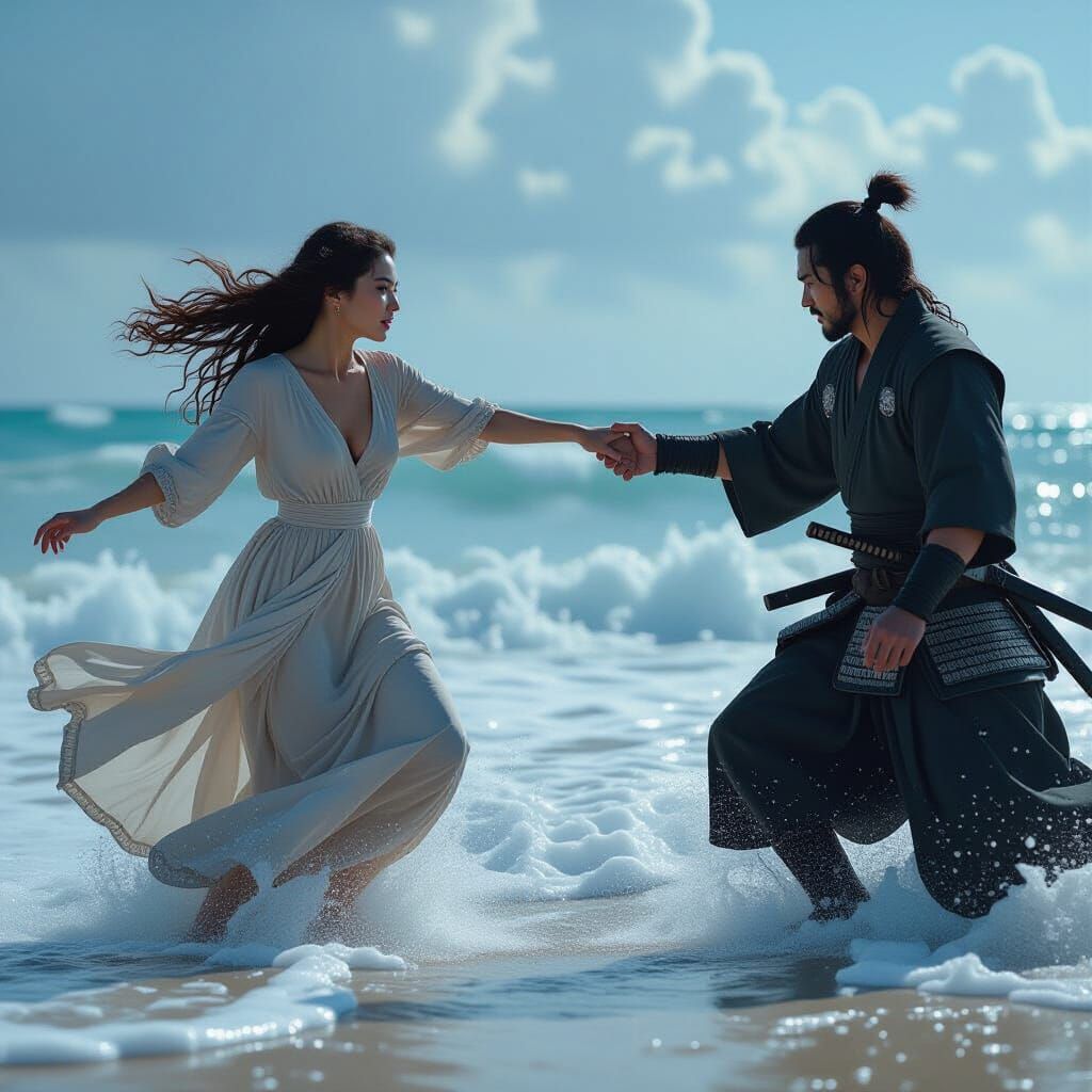 Dramatic Beach Scene with Samurai in Cinematic Style