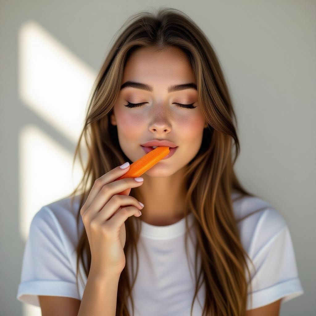 Young Woman Eating Carrot Sticks with Eyes Closed