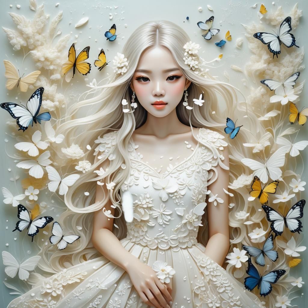 Elegant Girl Surrounded by White Flowers and Bubbles