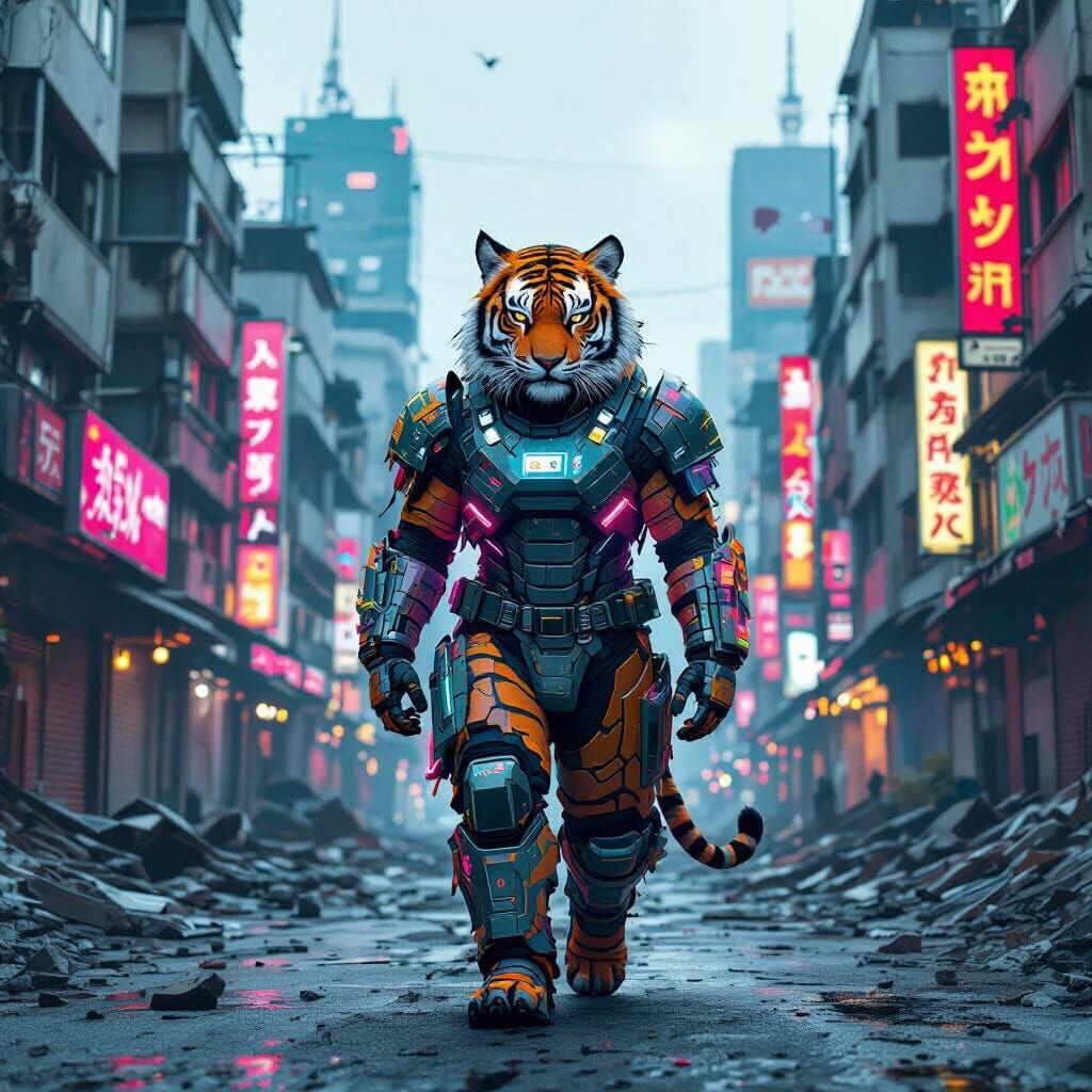 Neon Armored Tiger in Ruined Tokyo: Anime Style