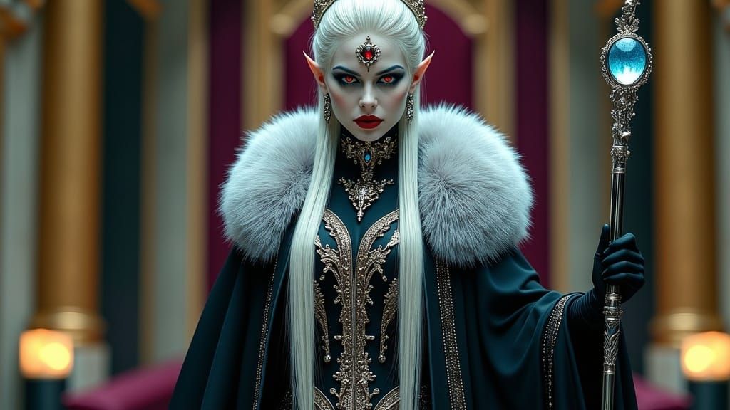 A gorgeous dark elf woman with sharp features and an ample b...