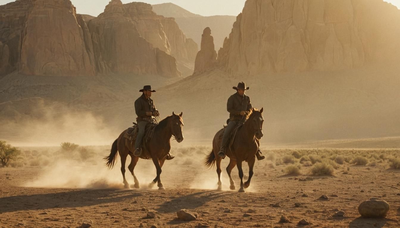Cowboy Rides into Golden Hour Desert Sunset