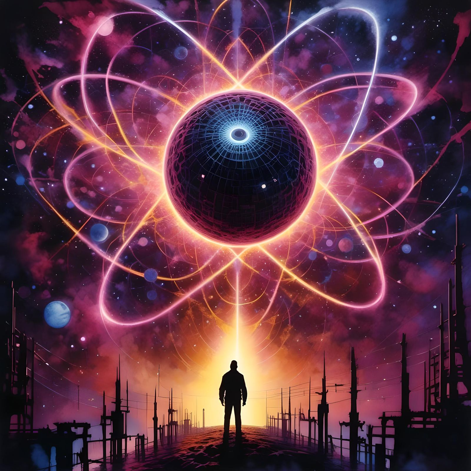 Neon Synthwave Silhouette in Bohr Atom Model