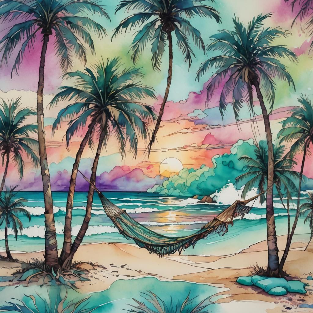 Serene Beach with Palm Trees and Hammock
