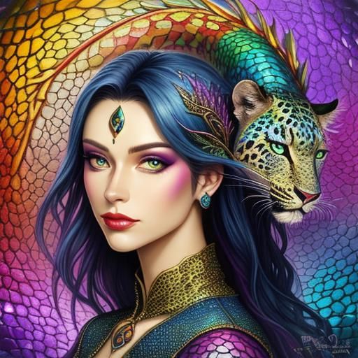Woman with Rainbow Dragon Scales in Fantasy Art