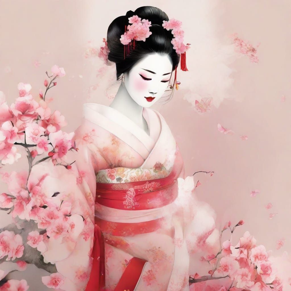 Geisha with Cat in Ink Wash Style