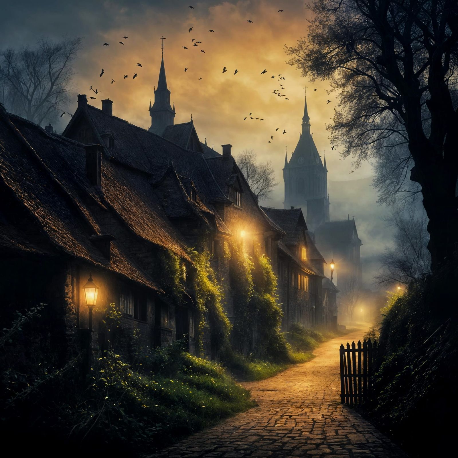 Mysterious Foggy Village with Church Silhouette