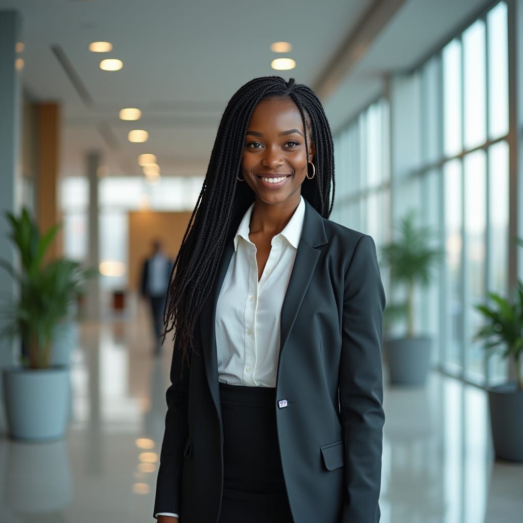 Professional Woman in Office Lobby: Hyperrealistic Photo