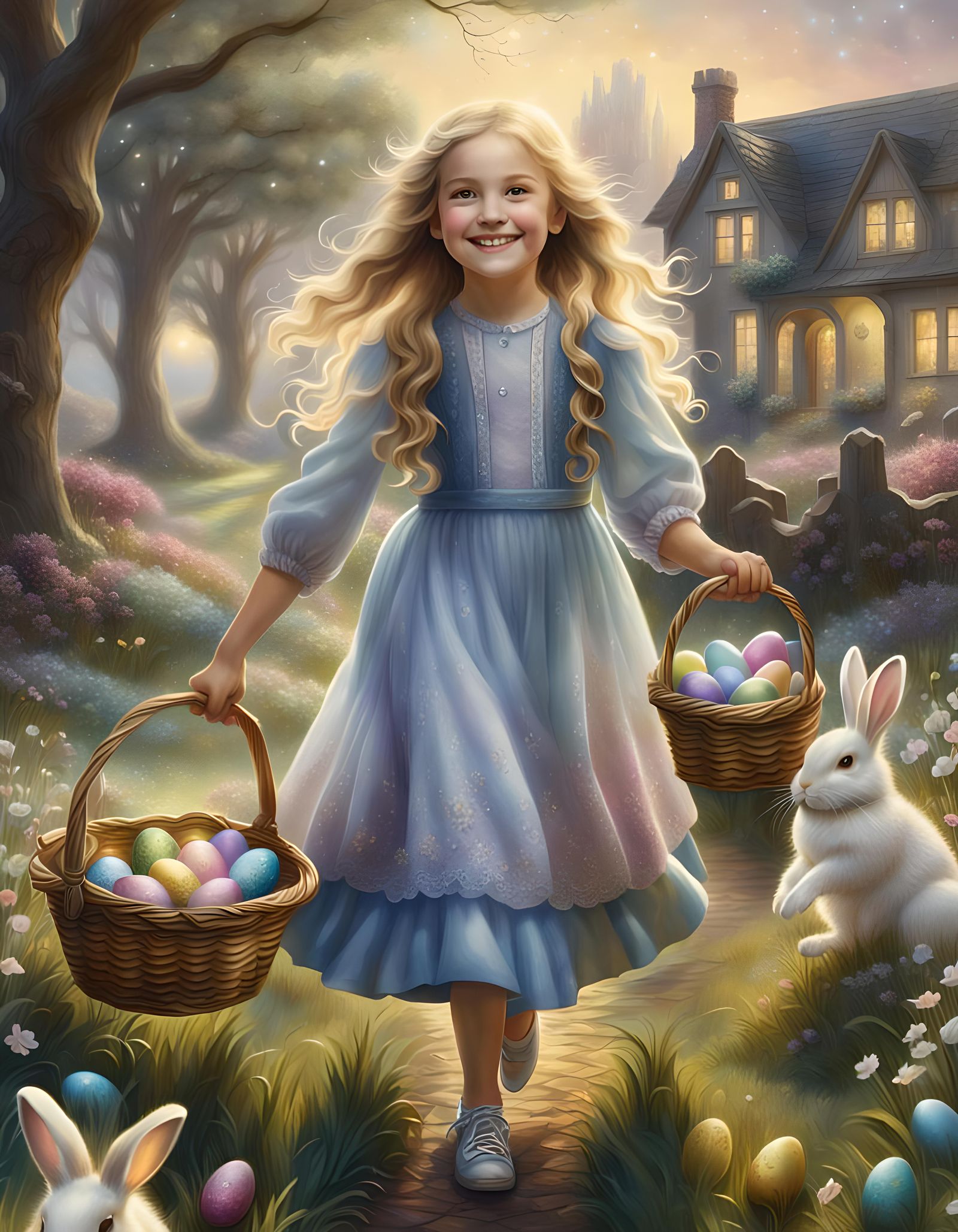 Girl's Easter Egg Hunt in Fantasy Field, Ethereal Style