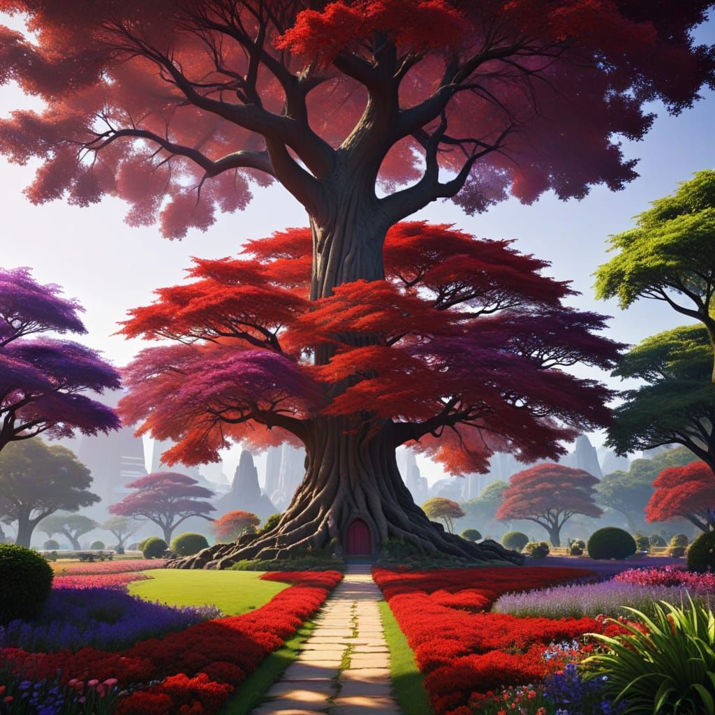 Majestic Red Tree in a Fantastical Oriental Paradise