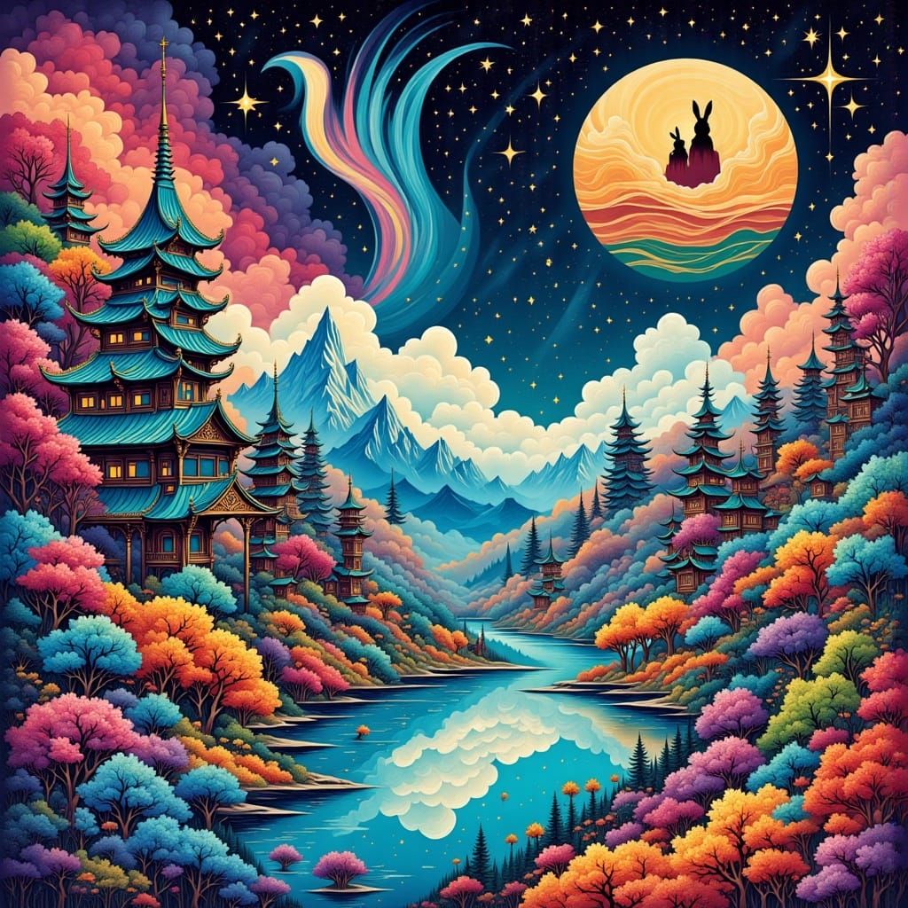 Rabbit Observes Fractal City in Abstract Vector Style