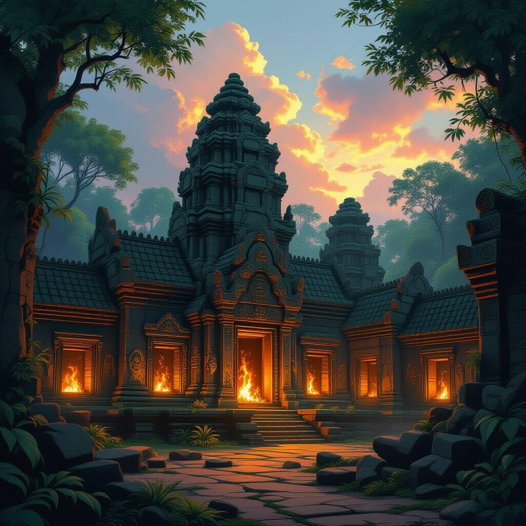 Majestic Temple Illuminated by Embers, Digital Art