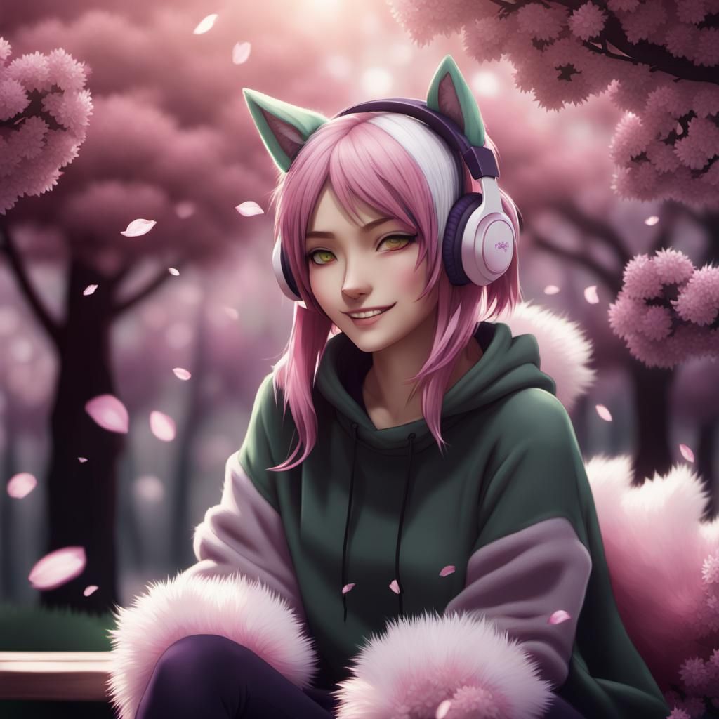 Anime Girl with Wolf Features in Blossoming Scenery
