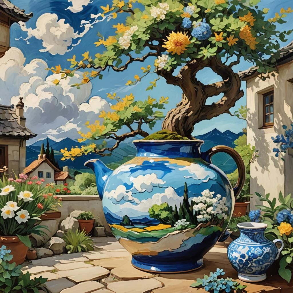 Bonsai Cottage in Jug, Post-Impressionist Oil Painting