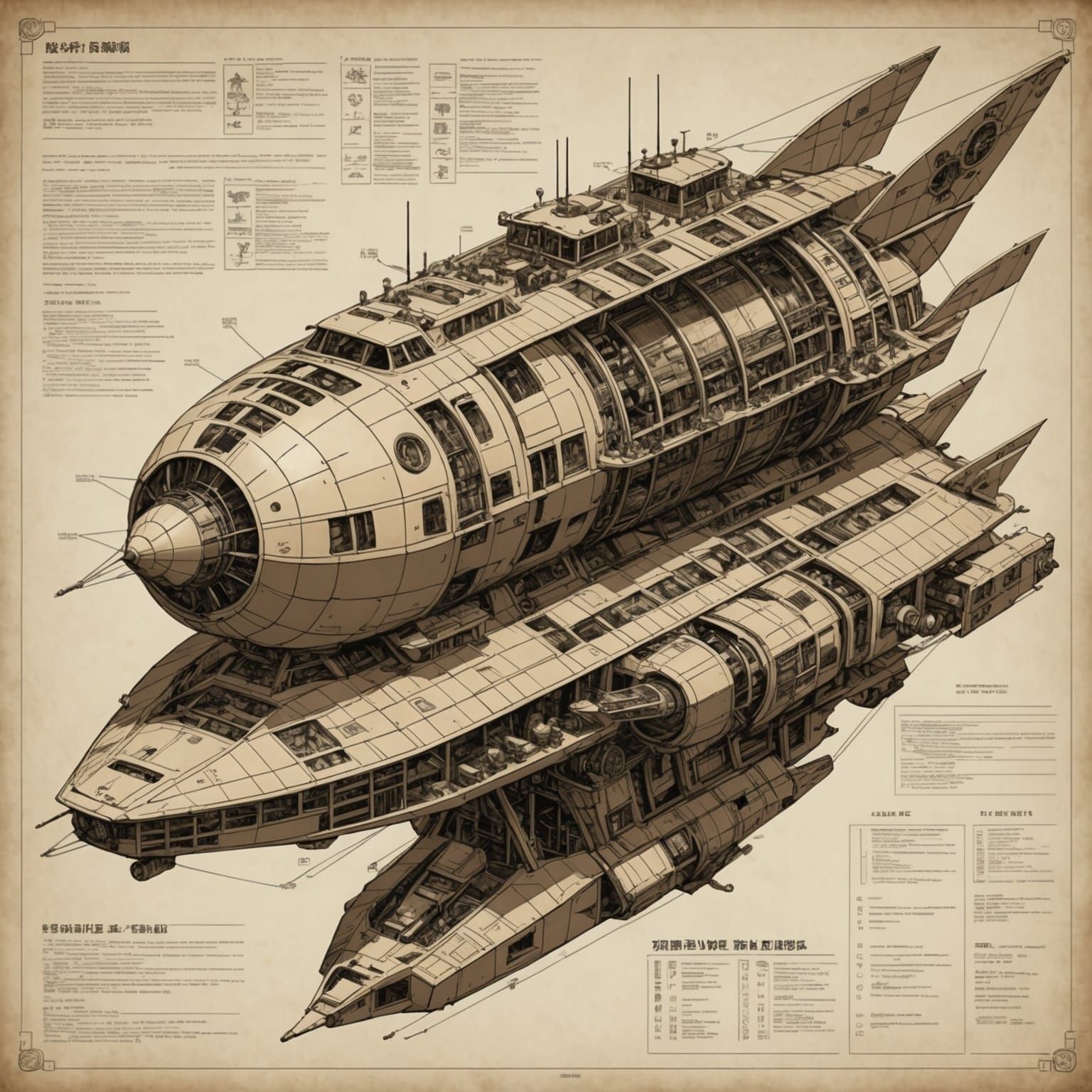 Sepia Spaceship Schematic in Ukiyo-e Style