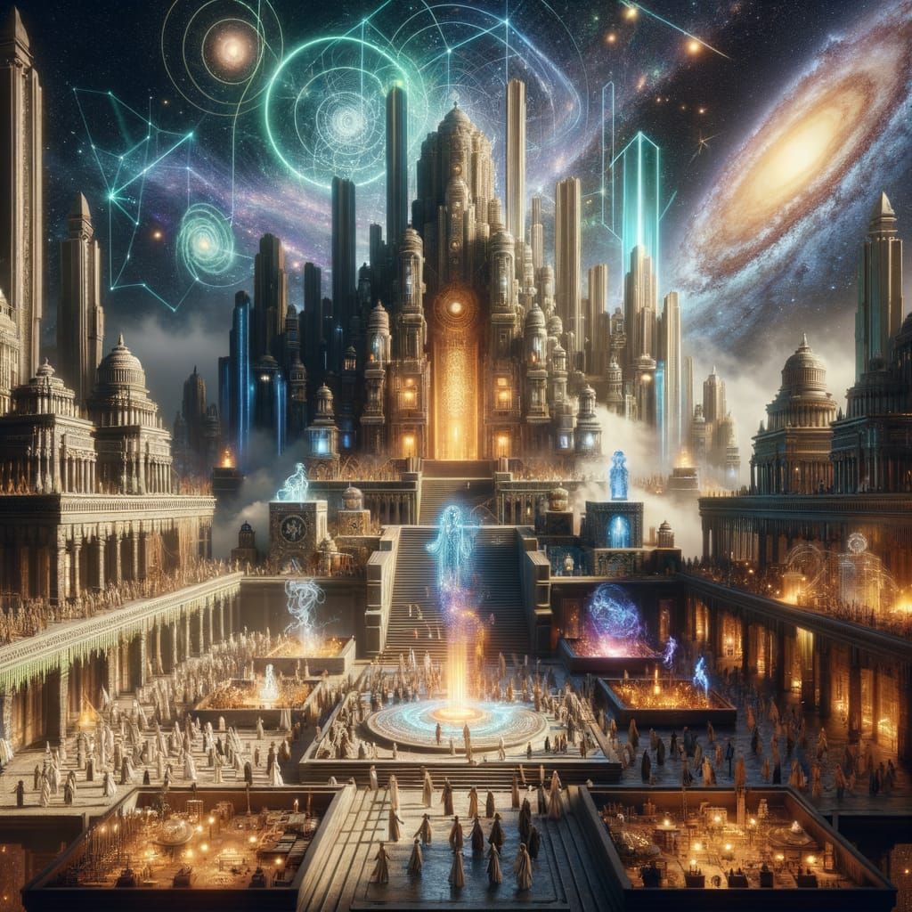 Majestic Ancient-Futuristic Cityscape in Cyberpunk Aesthetic