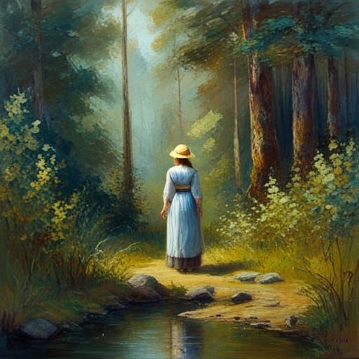 Detailed Woman in Forest Oil Painting