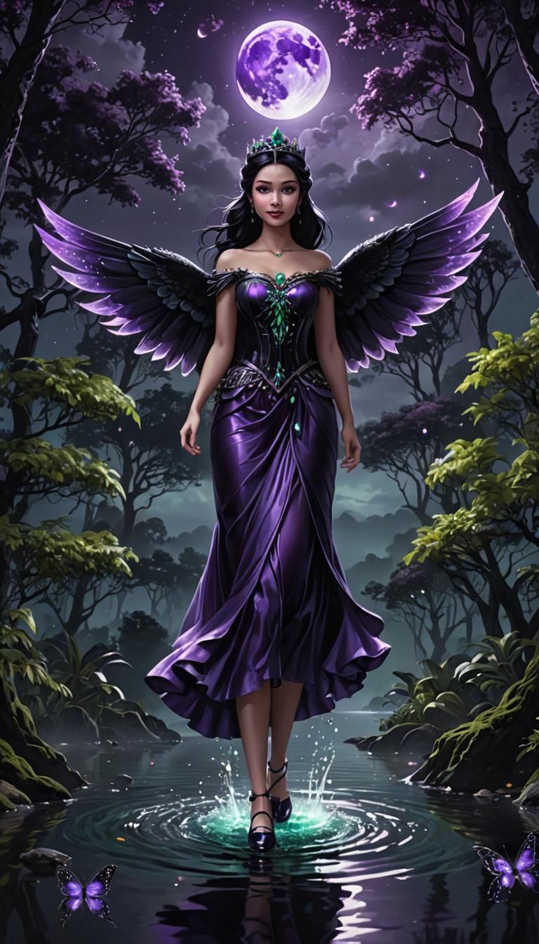 Swan Princess with Black Wings in Dark Forest