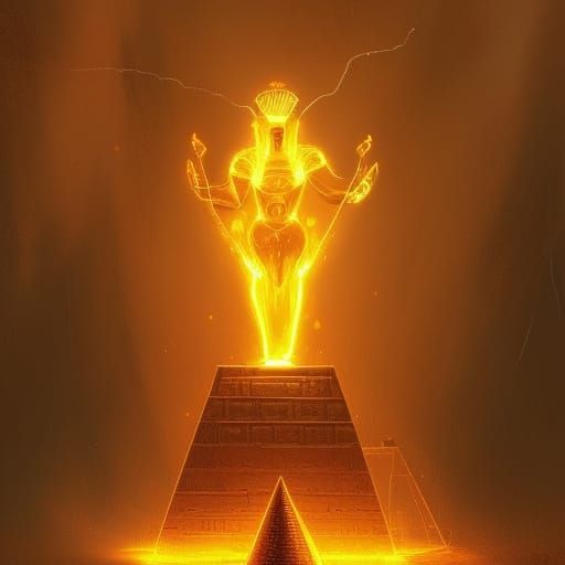 Golden Egyptian Golem Casting Fireball, Dark Fantasy Art