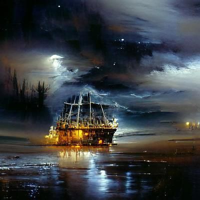 Ghost Ship at Night in Oil Painting Style