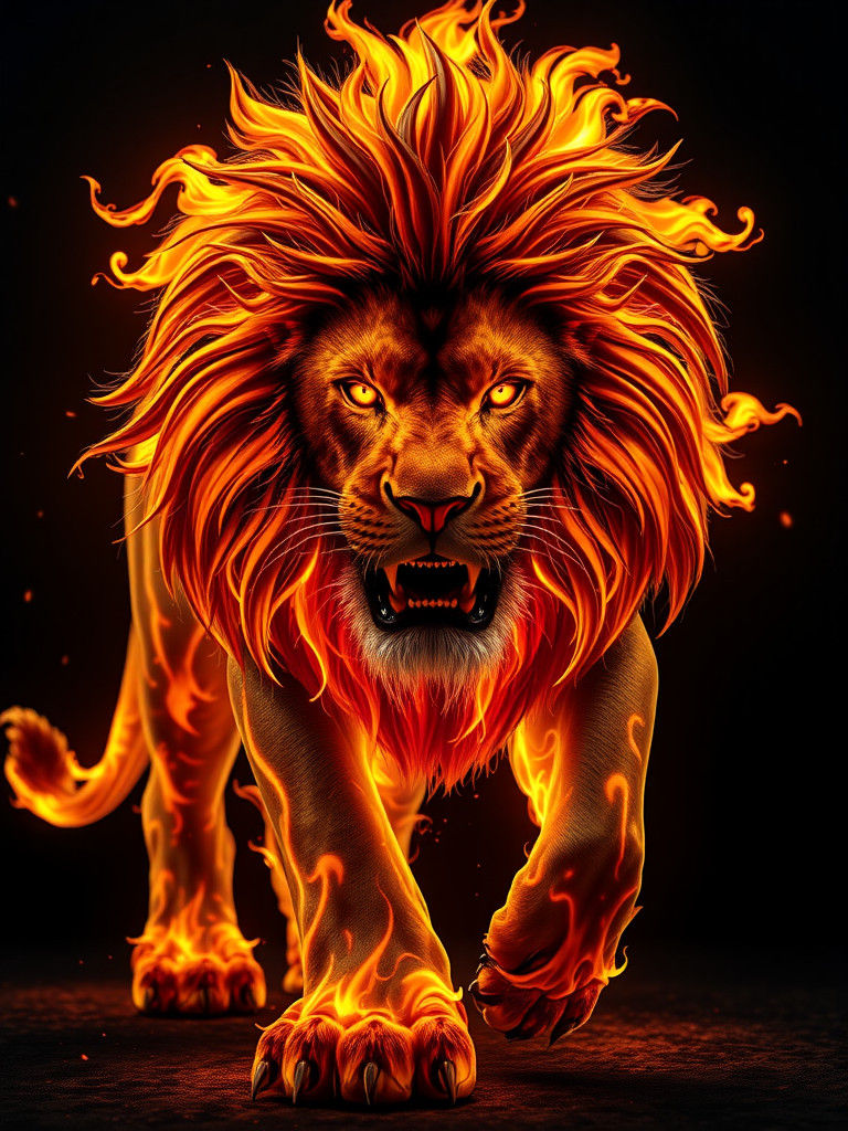Fiery Lion in Cinematic Dark Landscape