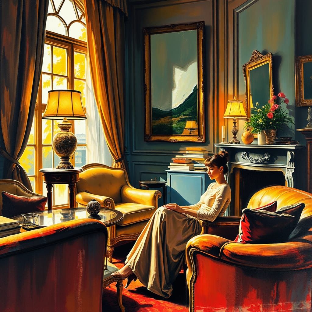 Intimate Salon Scene in Neo-Impressionist Oil Painting