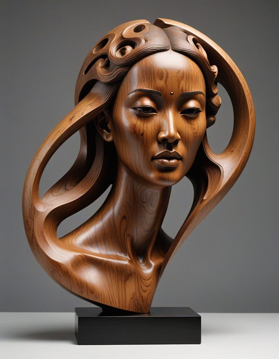 Wooden bust of Asian woman