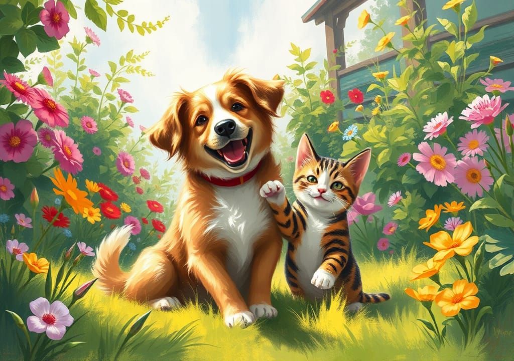 Dog and Cat Play in Sunny Garden, Impressionistic Style