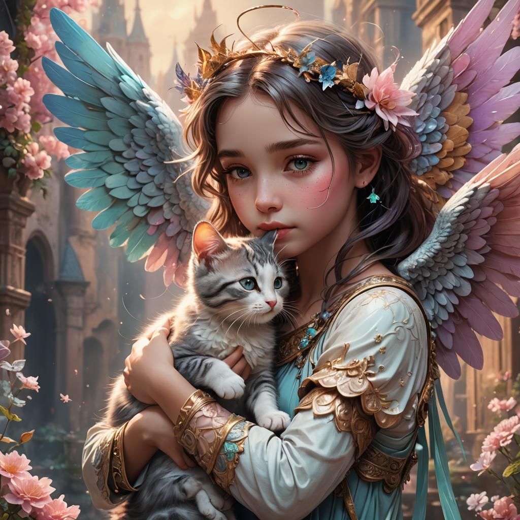 Pastel Angel Kissing Kitty: Detailed Fantasy Art