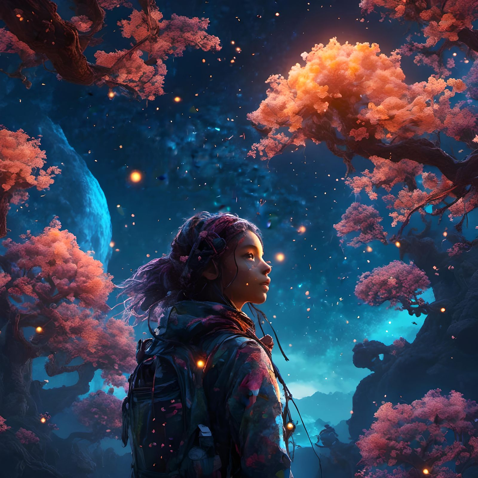 Avatar in Bioluminescent Night Sky, Hyperrealistic Art