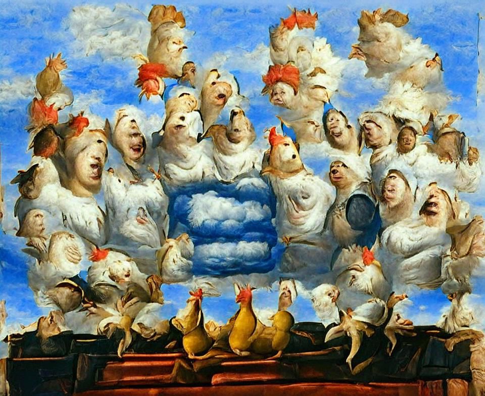 Renaissance Painting: Chicken Choir Under Blue Sky
