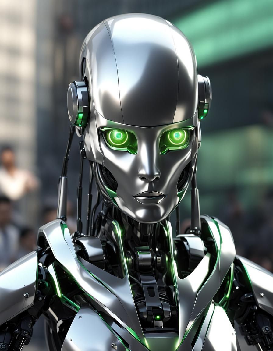 Sleek Feminine Robot with Intelligent Green Eyes