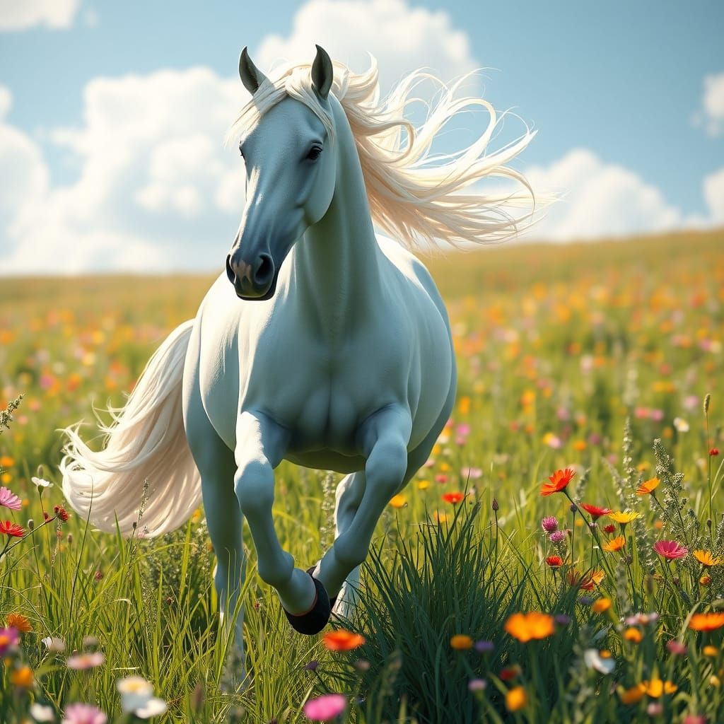 Majestic White Horse Gallops Through Vibrant Field