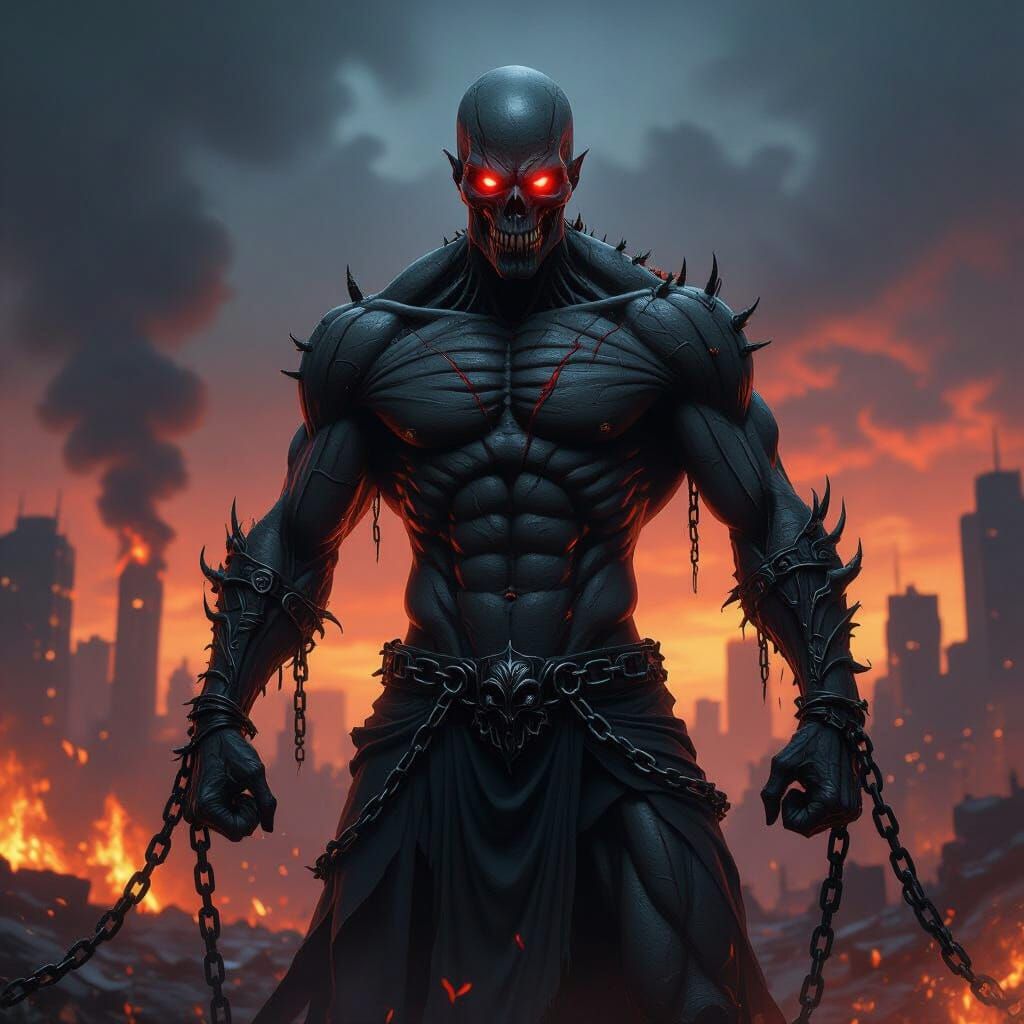 Demonic Figure in Burning City, Fantasy Concept Art