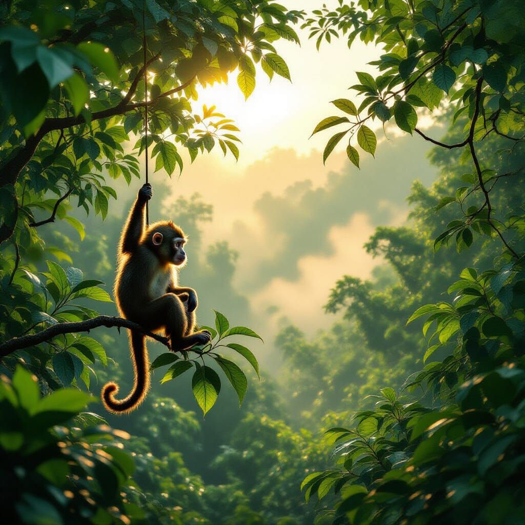 Playful Monkey Swings in Dew-Kissed Jungle