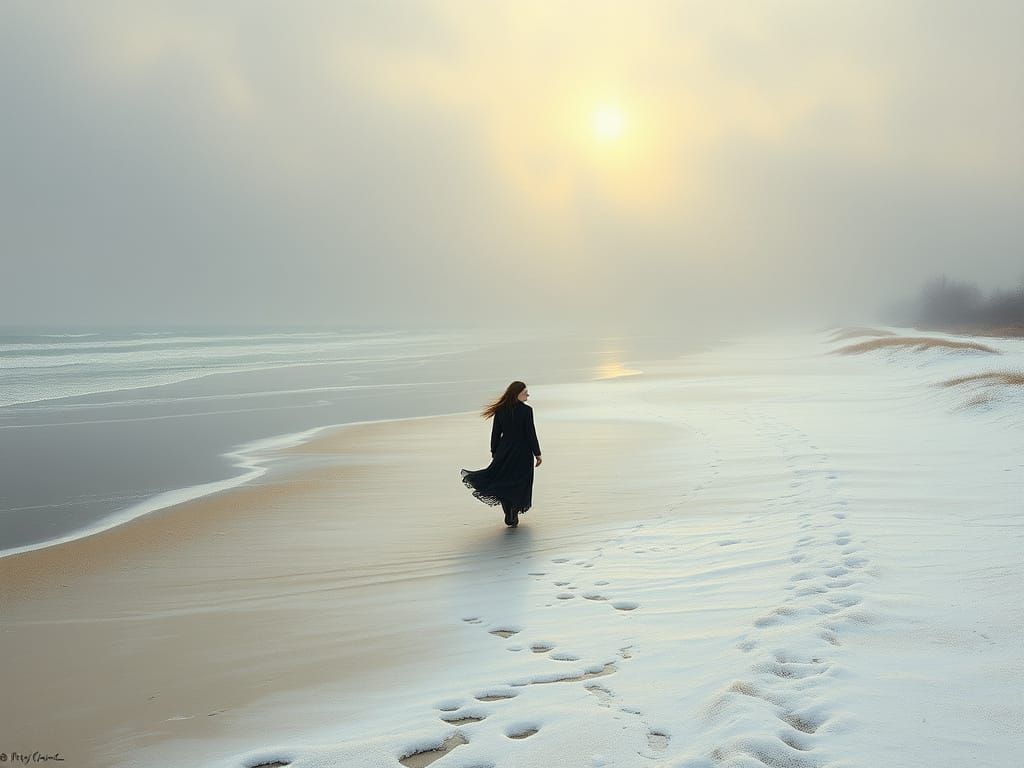 Winter Beach Scene in Realistic Impressionist Style