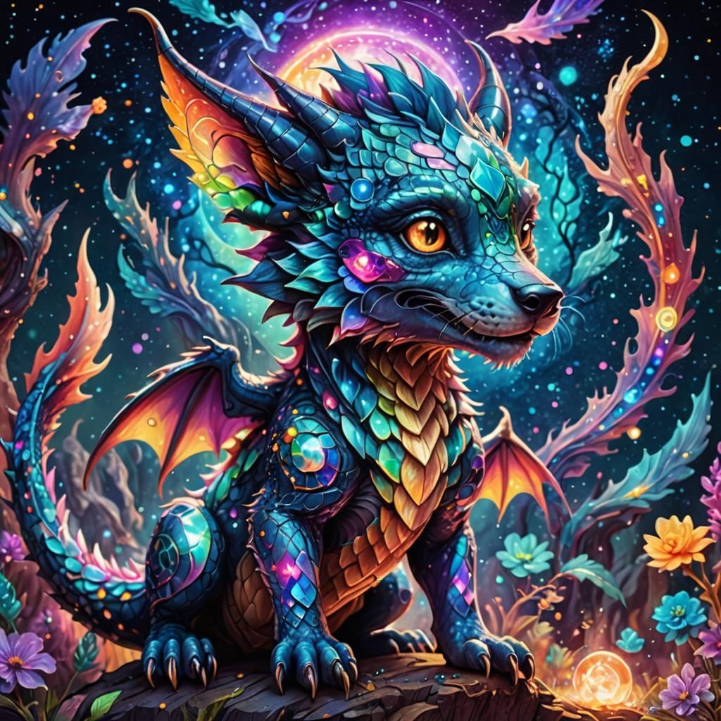 Cute hybrid micro dragon crossed with a wolf 8k resolution holographic astral cosmic illustration mixed media by Pablo A...