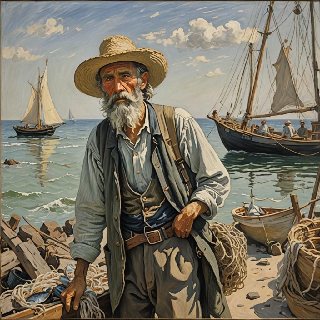 Fisherman's Morning: Impressionistic Oil Painting on Canvas