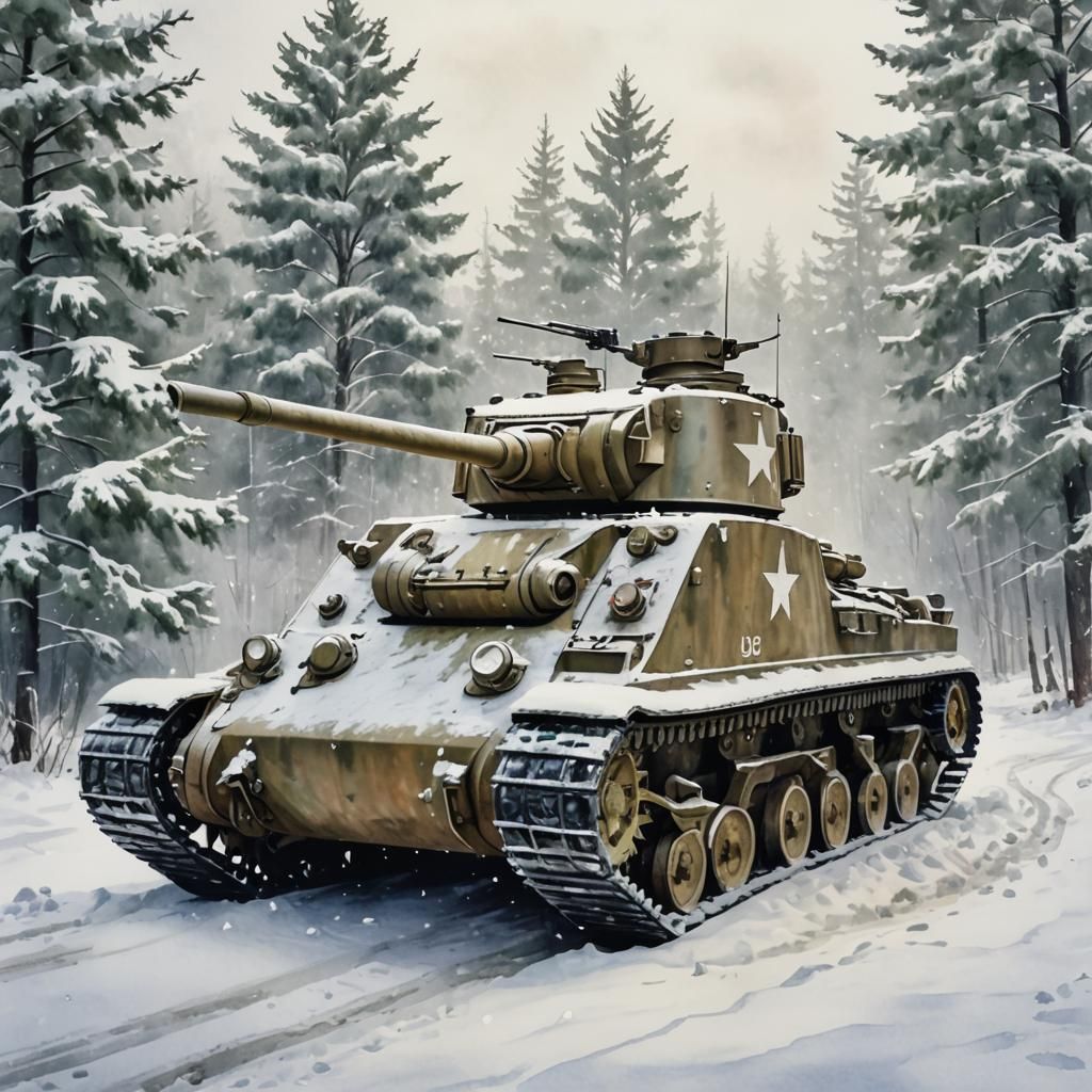 Sherman Tank in Snow: Watercolor Style
