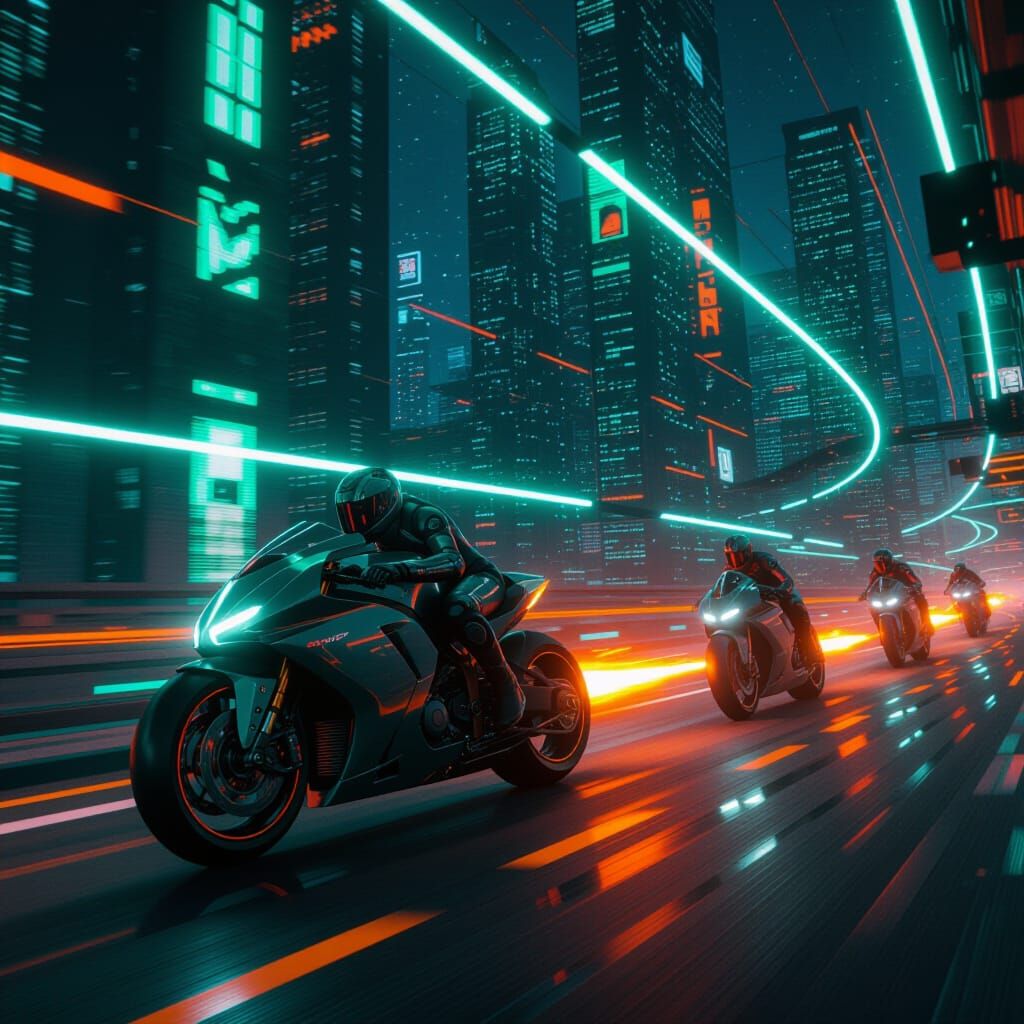 Futuristic Motorcycle Chase in Cyberpunk Cityscape