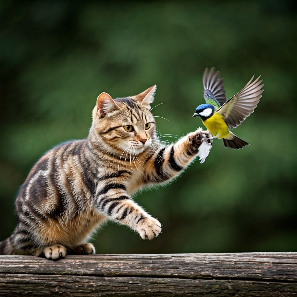 A cat handing a feather to a bird