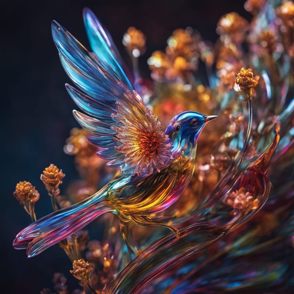 Blown Glass Bird-Flower: Astral Cosmic Illustration