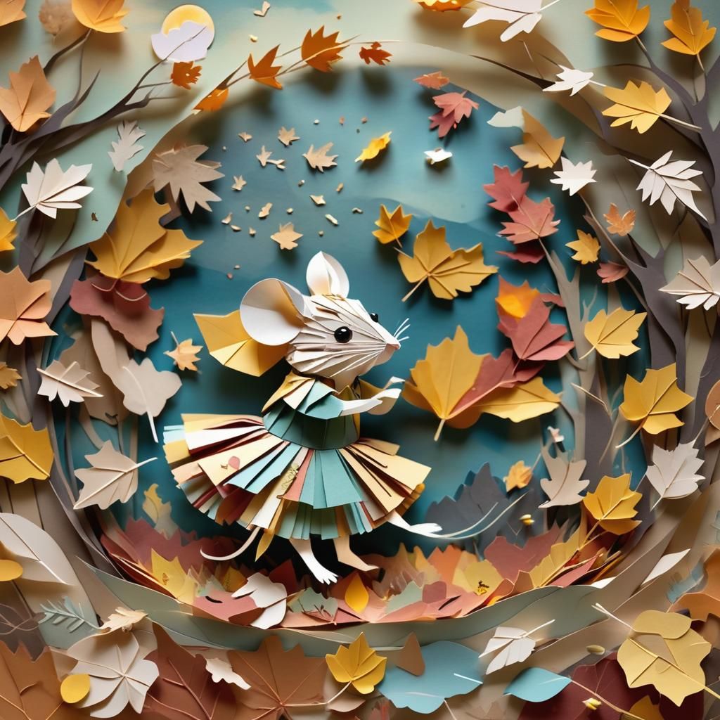 Whimsical Paper Art: Mouse Dancing in Autumn Leaves