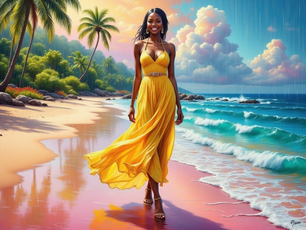 Woman on Coral Beach in Heavy Impasto Style