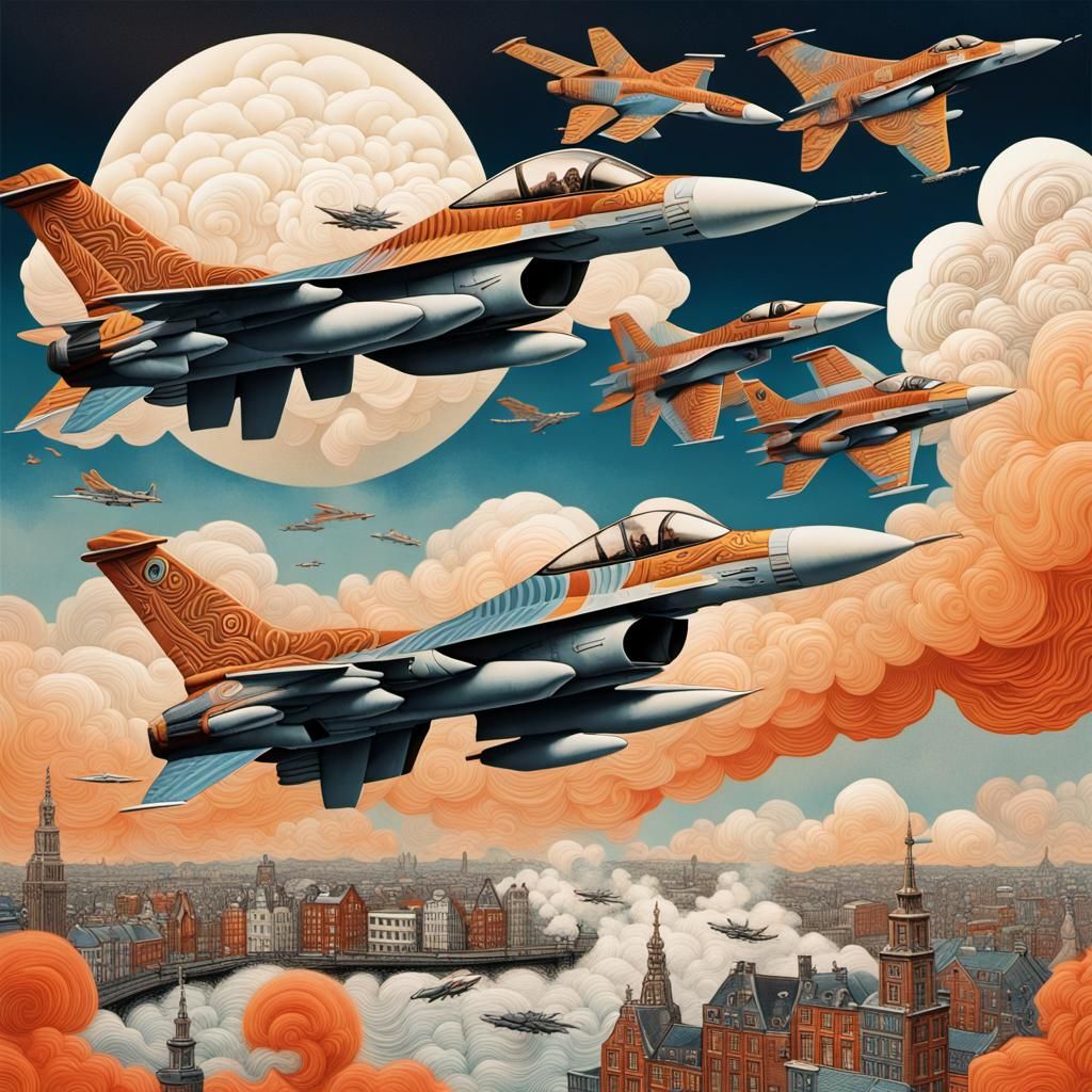 Israelis in Amsterdam with F-16s: Surreal Ukiyo-e Collage