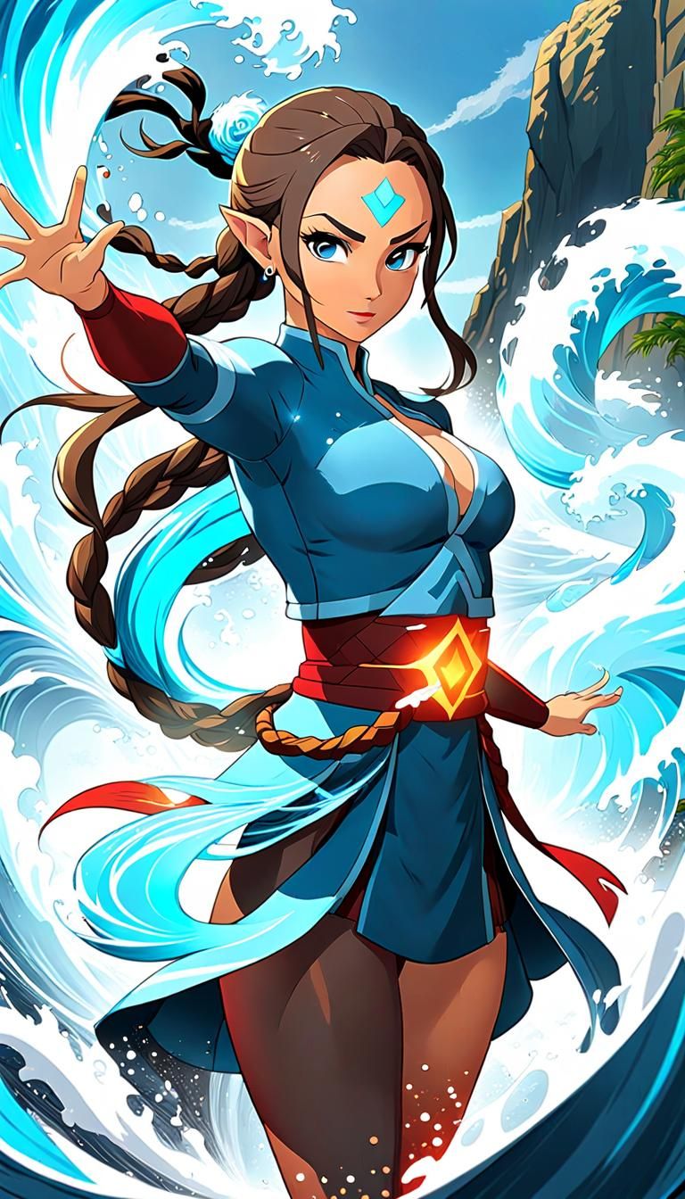 Beautiful Lindsey Pelas as Katara of Avatar The Last AirBender with the movement of controlling the water waves with his...