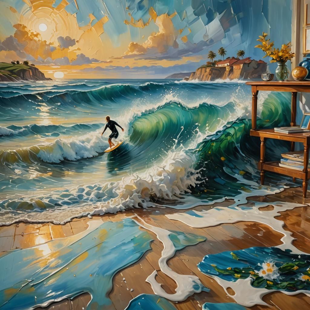 Ocean Splashing into Living Room: Impasto Oil Painting