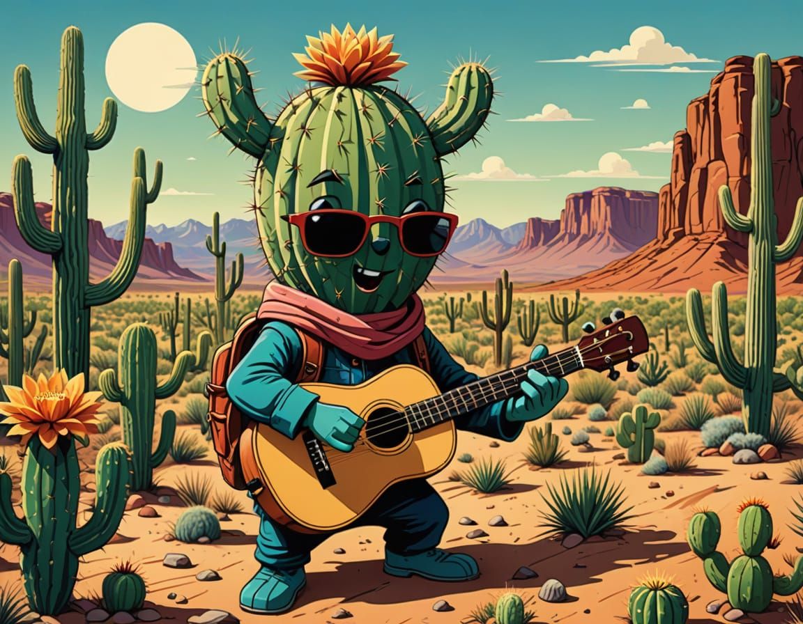 Cactus Ukulele Player in Cartoon Style
