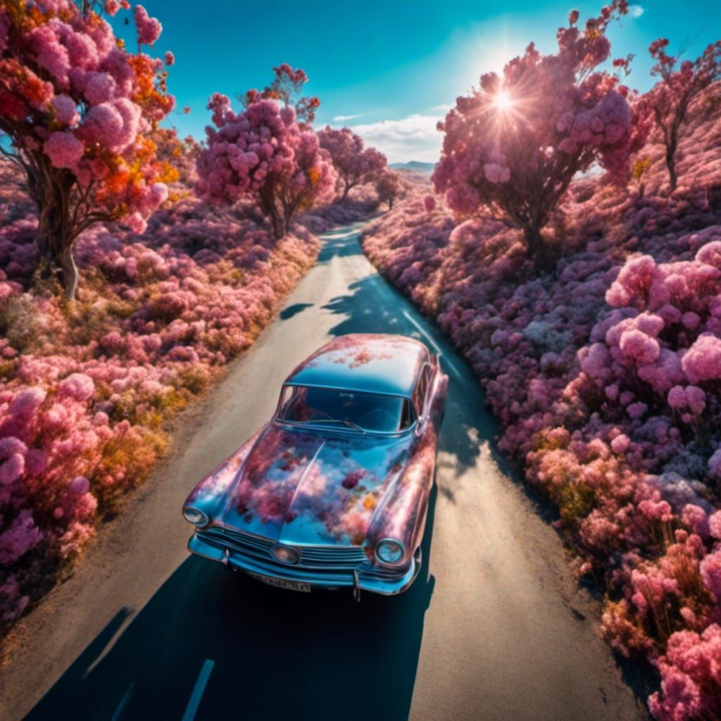 Car driving down the road on a sunny day <lora:glass:1.0>
